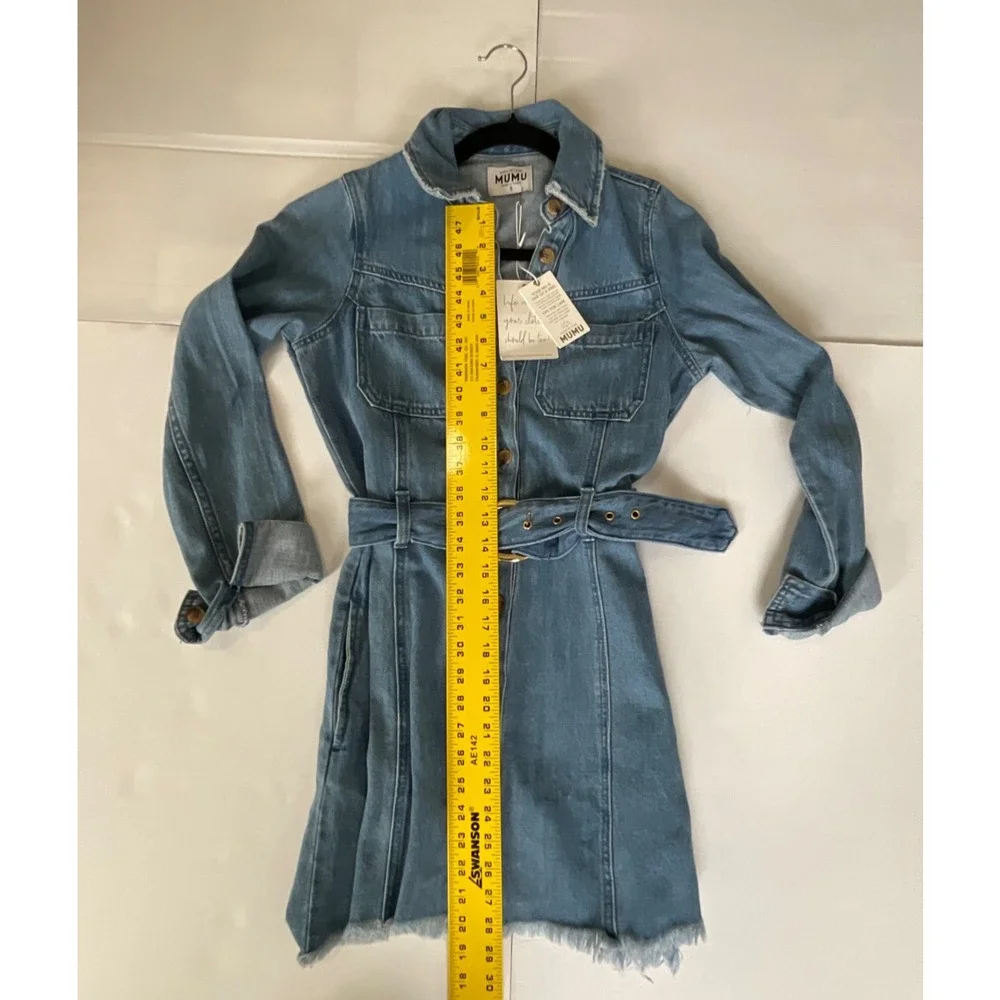Show Me Your Mumu Denim Jean Dress Longsleeve Dress Belted Raw Hem SMALL NWT - Picture 5 of 7